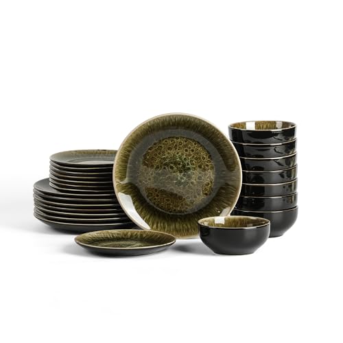 Image of Stone Lain Riley 24-Piece Dinnerware Set Stoneware, Plates and Bowls Set, Dishwasher and Microwave Safe, Dish Set for 8, Black and Green