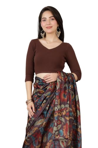 Image of Mlada V-Neck Stretchable Saree Blouse Top for Women | Slim Fit 3 /4th Sleeves Solid Cotton Blouses | Readymade Saree Blouses for Women Festive & Ethnic | Blouse Crop Top