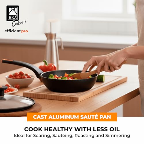 Image of BRA COOKWARE Efficient Pro Nonstick Saute Pan w /Lid | 11 Inch - 4.2 Quart Cast Aluminum Deep Skillet | 3-Layer Scratch Resistant Coating | PFOA Free | All Cooktops Skillet | Heat-Resistant Handle