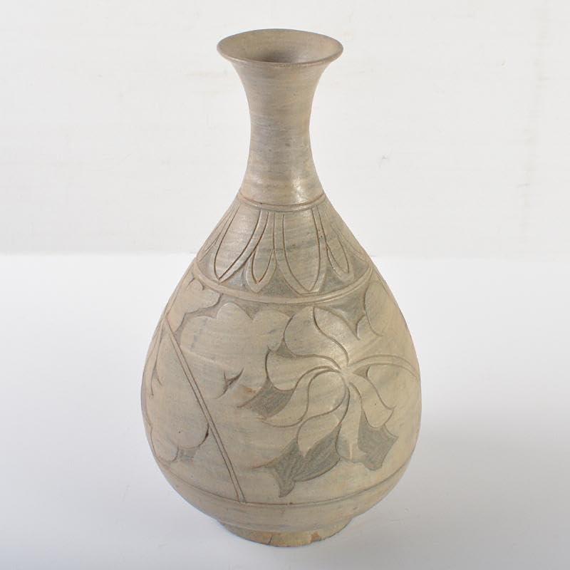 朝鮮美術 李朝 彫三島花草文瓶 時代箱付 V R6548B