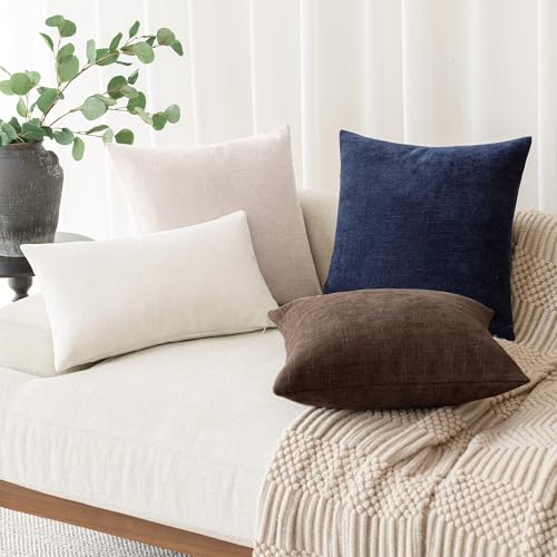 Image of Foindtower Pack of 2 Soft Textured Throw Decorative Pillow Covers Square Accent Solid Cushion Cover Cozy Farmhouse Pillow Case with Zipper for Couch Sofa Bedroom Living Room 20x20 Inch, Light Beige