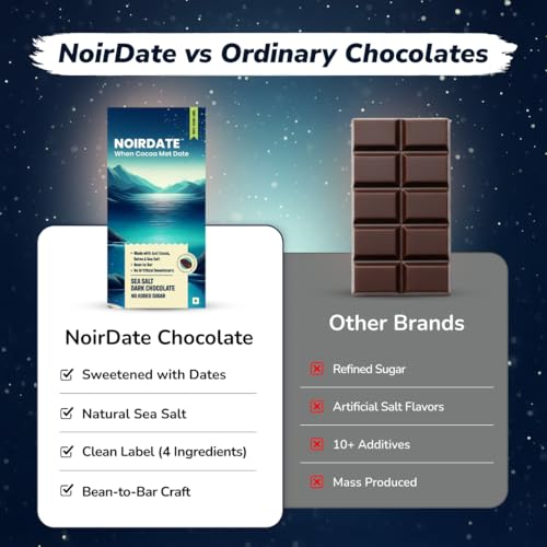 Image of NoirDate Sea Salt Dark Chocolate - 75g, Bean to Bar, Sweetened with Dates, No Refined Sugar, 100% Clean Label, Vegan, Gluten-Free, Antioxidant Rich, Healthy Indulgence (Pack of 2)