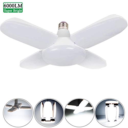 MILYN Éclairage de garage à LED, 60W E27 6000Lm 6500K Lampe D'atelier Déformable à 4 Panneaux Ajustables, Plafonnier LED pour Garage, Entrepôt, Atelier, Sous-sol, Gym, Cuisine