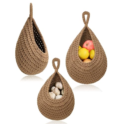 Corbeille A Fruit Suspendue, 3Pcs Panier de Fruits et Legumes Suspendu Au Mur,Panier Mural en Jute Tressé à La Main en Forme de Goutte D'eau,Panier Suspendu...