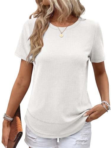 Image of ANRABESS Womens Waffle Knit Tops Short Sleeve Crewneck Shirts Curved Hem Summer Dressy Casual Blouses Spring Fashion Clothing