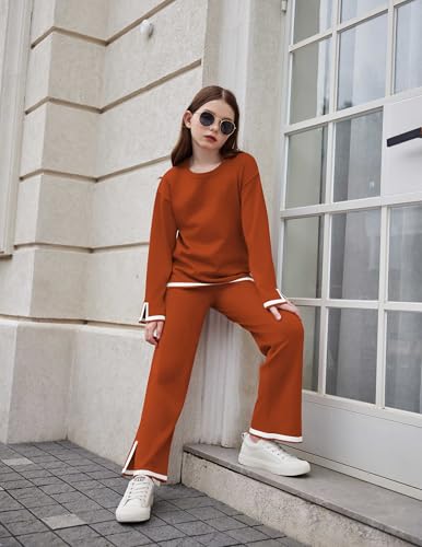 Image of Arshiner Girl's 2 Piece Outfits Long Sleeve Knit Pullover Sweater Tops Wide Leg Pants Casual Fall Sets Tracksuits