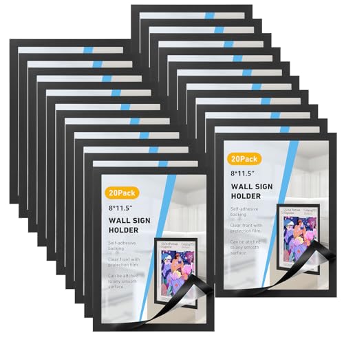 20 Pieces Magnetic Sign Holder 8 x 11.5inches, Self-Adhesive Door Window Document Reusable Adhesive Frames, Wall Glass Peel and Picture Frames (Black)