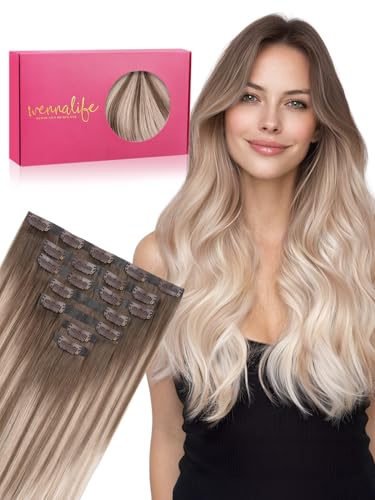 WENNALIFE Seamless Clip In Hair Extensions Human Hair, 12 Inch 80g 7pcs Balayage Sandy Brown to Platinum Blonde Real Hair Extensions Clip in Human Hair Invisible PU Skin Weft Natural Remy Hair