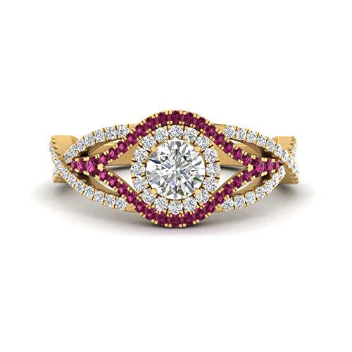 Image of Choose Your Gemstone Round Twisted Pave Double Halo Diamond CZ Ring Yellow Gold Plated Round Shape Double Halo Engagement Ring for Women, and Ladies US Size 4 to 12