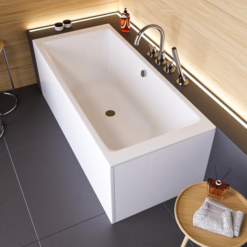 ECOLAM Badewanne Tami 200x90 cm + Schürze | moderne große Wanne für zwei Personen Duo Wanne | Acrylwanne Rechteck Top QUALITÄT I Ablaufgarnitur Füße Silikon Komplett-Set Design