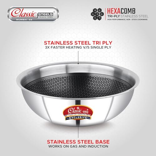 Image of Classic Steels Hexa Comb Triply Tasla Without Lid - 1.5 LTR (20cm) | Stainless Steel Deep Kadhai | Gas & Induction Compatible | Silver Cookware for Indian Cooking | 2.5mm Thickness