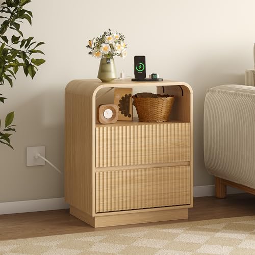 Image of BORNOON Dresser with 2 Drawers and Charging Station, Fluted Bedside Table with Round Curved Corner, Hidden Handles, 2 AC Outlets and 2 USB Ports, Modern Wood End Table with Open Shelf for Bedroom