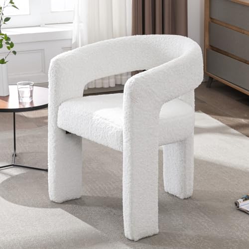 Image of HNY Modern Barrel Kitchen & Dining Room Chair, Sherpa Upholstered Accent Chair with Arm, 18.5'' Wide Side Armchairs Vanity Chairs for Living Room Bedroom Makeup Small Spaces, White