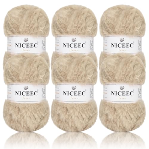 Image of NICEEC Faux Fur Yarn Super Soft, Chunky & Fluffy, Eyelash Yarn for Crochet & Knitting(Total Length 210yds /10.6oz) - Milk Tea /300g