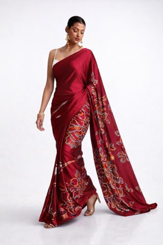 Image of Japan Satin Floral Print Saree for Women with Blouse Piece - Satin Finish Draped Saree