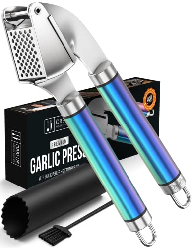 ORBLUE Garlic Press, Stainless Steel Garlic Crusher and Mincer with Peeler Set, Premium Grade, Dishwasher Safe, Rust-Proof