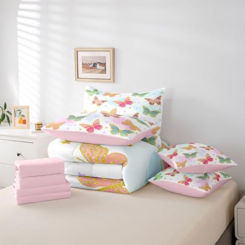 Image of Flying Butterflies 7 Pieces Bedding Set King,Colorful Garden Wildlife Bed in a Bag,Cartoon Stars Bed Set Includes Comforter,Sheet Set,Pillowcases & Pillow Covers,Vintage Romantic Style Bedroom Decor