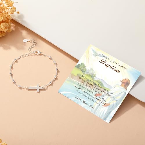 Christian Gifts for Women Girls 925 Sterling Silver Rosary Cross Link Chain Bracelet Baptism Communion Confirmation Religious Jewelry Gifts with Inspirational Card4