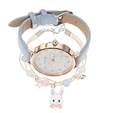 CLISPEED Reloj Infantil para Niñas con Correa Ajustable de Cuero, Diseño Conejito Adorable, Pulsera de Conejito a Juego, Reloj de Pulsera Decorativo y Ligero para Estudiantes, Obsequio