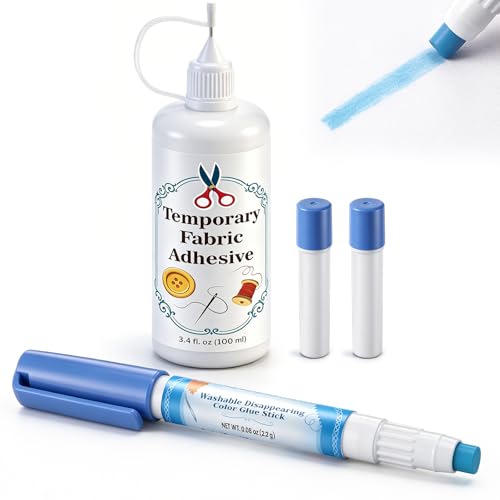 Temporary Fabric Glue Kit 3.4oz Water Soluble Sewing Adhesive with Disappearing Blue Glue Pen and 2 Refills for Quilting EPP Applique Patchwork and Fabric Basting