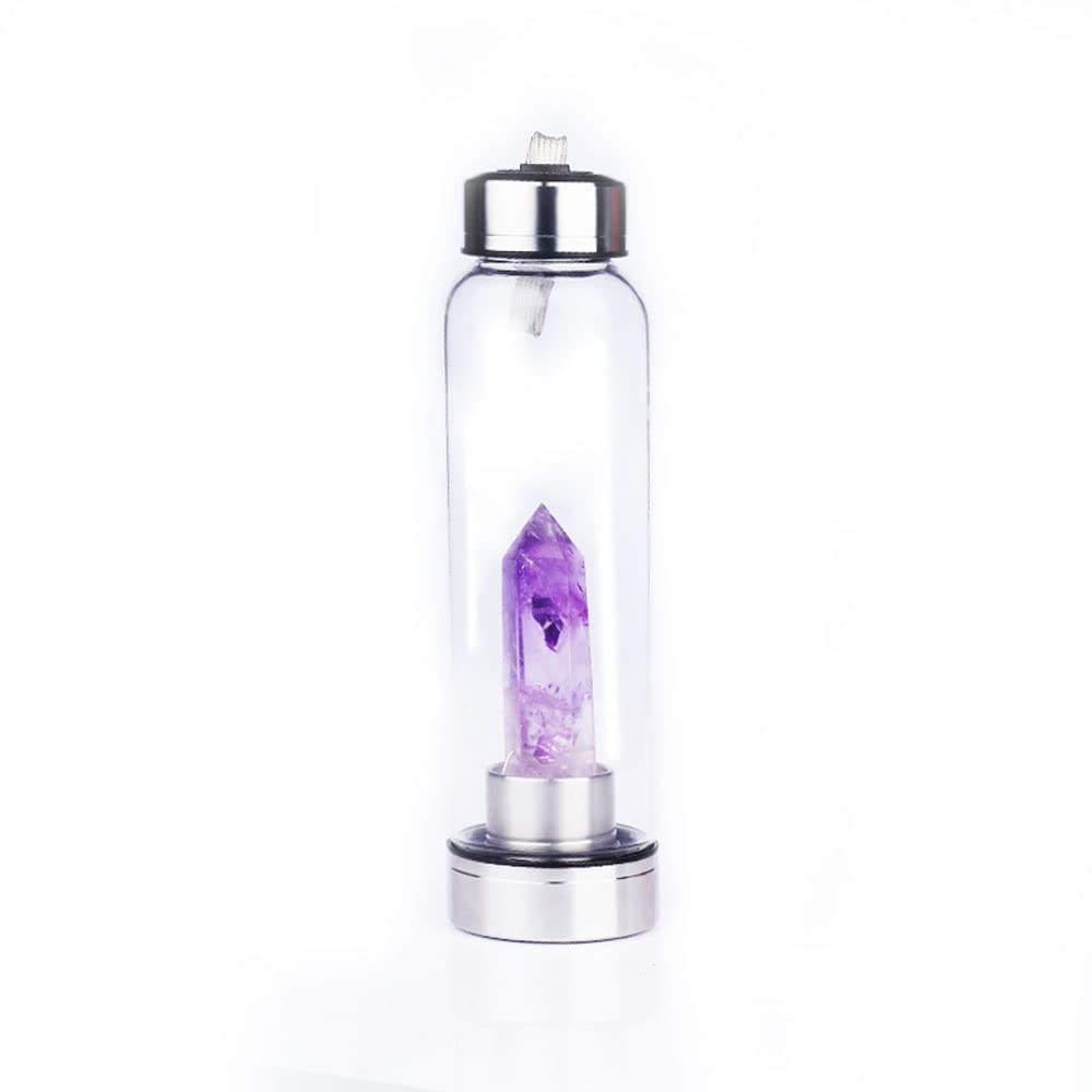 Bouteille en verre et obélisque de cristal d'améthyste naturelle