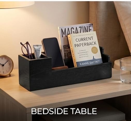 Image of Wooden Desk Organiser with Pen Holder, Mobile & Tablet Stand, Card Holder - Multi-Compartment Office Desk Organizer for Study Table, Bedside Table & Living Room |Black Finish