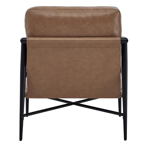 Watson & Whitely Accent Chairs, Mid Century Arm Chair for Living Room Bedroom, Modern Reading Chair Upholstered Lounge Armchair with Metal Frame and Wooden Armrests, Faux Leather in Saddle Brown - Thumbnail 5
