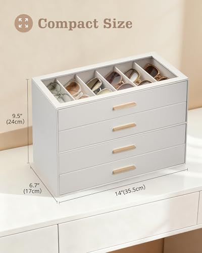 Lolalet 24 Slots 4-Layer Sunglasses Storage Box for Women, Eyewear Eye Glass Sunglass Organizer with Clear Top Lid Display Holder Case for Sunglasses Eyeglass Watch Jewelry -Beige