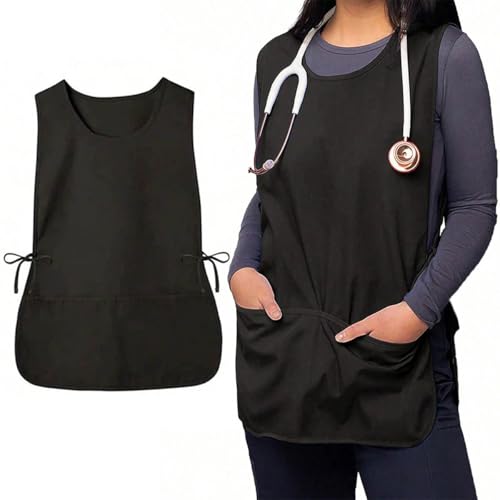 Colete unissex com dois bolsos, avental de limpeza doméstica estilo Pinafore com laços laterais, avental sem mangas para limpeza doméstica, Preto