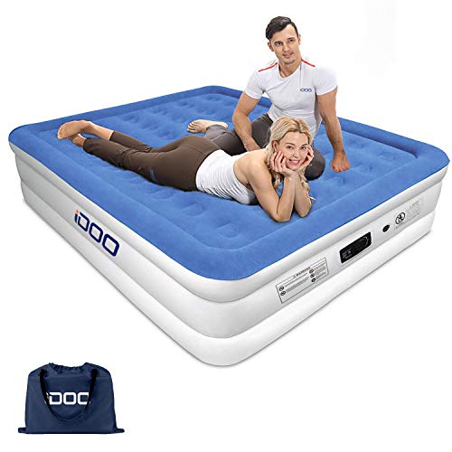 iDOO Air Mattress Queen Air Bed with Built-in Pump Inflatable Blow Up Air Mattress for Guest Family Camping Premium Soft Flocked Top with Storage Bag and Repair Patches Size 80 x 60 x 18 inch Blue