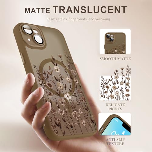 Image of Magnetic for iPhone 13 Case with Screen Protector, Brown Flower | Pretty Floral Pattern Design [Compatible with MagSafe] [Full Camera Protection] Shockproof Slim Cover for Women Girls
