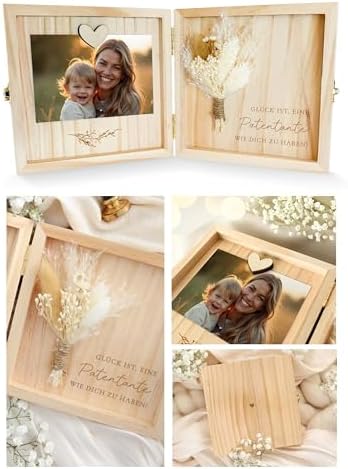 Joli Coon Patentante Geschenk, Holzbox, 14 x 14 x 3 cm | Echte Trockenblumen, Magnet für Foto, Glück ist es eine Patentante wie Dich zu haben, als Erinnerungsbox aufstellbar
