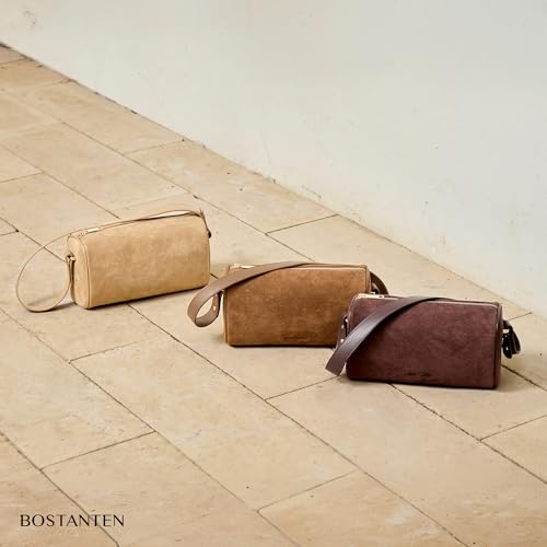 Image of BOSTANTEN Shoulder Bag for Women Suede Leather Crossbody Purse with 2 Strap | Multi Carrying Ways, Luxury Barrel Style, Compact But Roomy, Lightweight, Trendy Versatile for Everyday Commute Office
