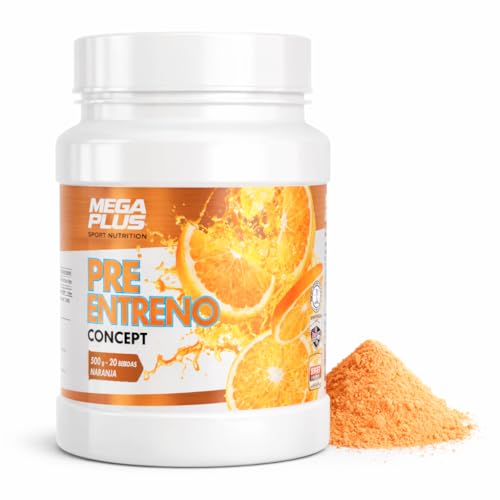 Polvo Pre Entrenamiento - Mega Plus Concept - Batido potente pre workout con cafeina, taurina, vitaminas, sodio, potasio... - Aporte extra de energía - Recuperador muscular - 500 g Naranja