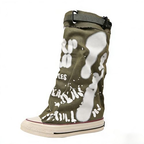 Women’s Knee High Graffiti Print Canvas Boots, Wide Calf Fold Over Lace Up Buckle Tall Boots Streetwear Punk Goth Boots (Green,11)