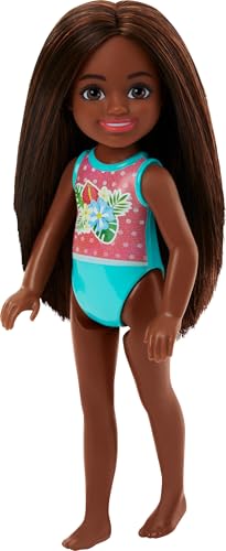 Barbie Chelsea Mini poupée maillot rayures et fleurs cheveux brun