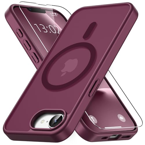 Vansdon Magnetisch für iPhone 16e / iPhone 17e Hülle mit 1 Schutzglas Kompatibel mit Magsafe Fallschutz nach Militärstandard Transluzente Matt Rückseite Stoßfeste Handyhülle-Weinrot