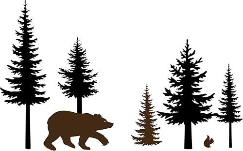 Pine Tree Branches Forest Bear Squirrel Winter Deer Silhouette Wall Decal Sticker Nature Woods Scene