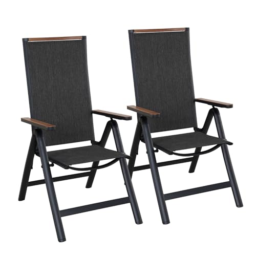 Grand patio Silla plegable de aluminio, 2 piezas, silla de comedor portátil con reposabrazos, respaldo alto ajustable de 6 posiciones, reclinables para jardín y patio