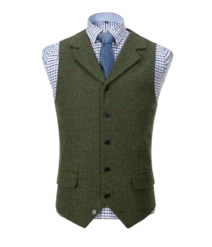 Solove-Suit Chaleco de traje a cuadros casual para hombre, chaleco de tweed Slim Fit para boda, verde, M
