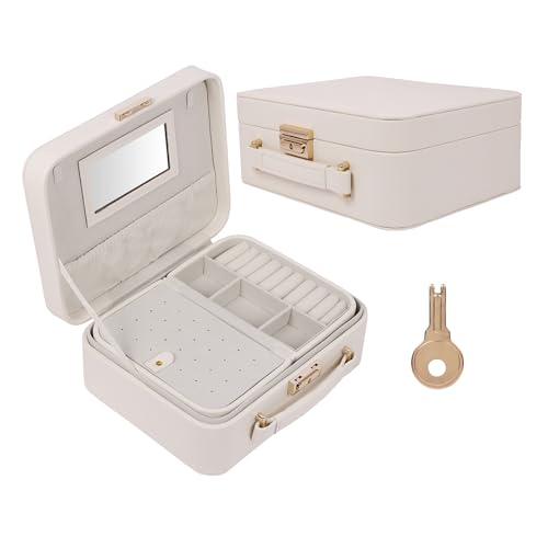 Image of BUCKETLIST PU Leather Jewellery Organizer Box with Mirror & Necklace Hooks | Large Multi-Compartment Jewelry Storage Case with Removable Tray & Mini Travel Box (Luxury Jewelry Box with Mirror (White)