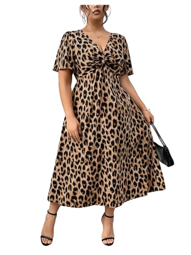 Floerns Women's Plus Size Cheetah Midi Dress Twist Front V Neck Short Sleeve A Line Dresses