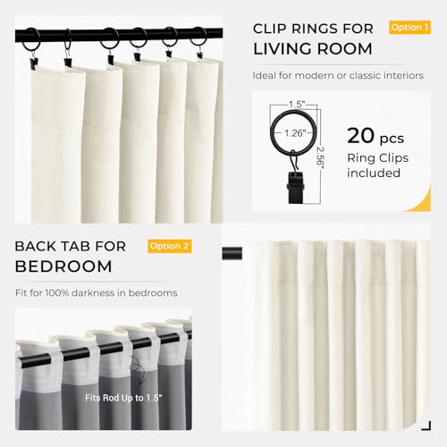 Image of INOVADAY 100% Blackout Curtains for Bedroom, Light Cream Black Out Curtains 96 Inch Long, Clip Rings Linen Blackout Drapes, Thermal Insulated Room Darkening for Living Room, 2 Panels - W50xL96