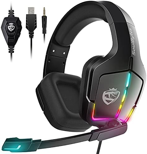 Soulbytes Gaming Headset PS4 PS5 PC Xbox One Switch Headphones with Microphone Dynamic RGB LED Effect Gamer Headsets for Computer Laptop 3.5mm Wired Stereo Bass Over Ear Mic Gaming Headphones