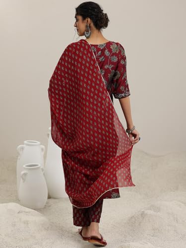 Image of Libas Womens Printed Silk Blend Straight Kurta With Trousers and Dupatta | daily wear suit