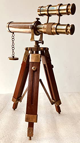 Aladean Decorative Brass Telescope 9" With Wood Tripod Stand Vintage Twin Barrel Royal Spyglass Home & Office Table Decor Rustic Gift #TOP5