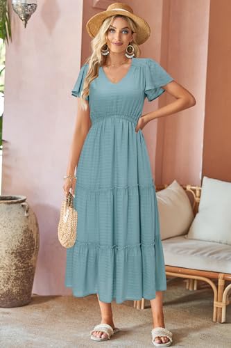 Image of VOTEPRETTY Women's 2026 Summer Boho Maxi Dresses Flutter Short Sleeve V Neck Casual Beach Wedding Guest Vacation Long Dress