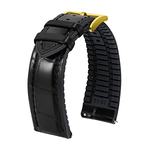 BINLUN Leather Watch Band 21mm Quick Release Premium Alligator Pattern Leather and Breathable Silicone Hybrid Watch Bands Replacement Strap for Men Women (Black,Gold Buckle)