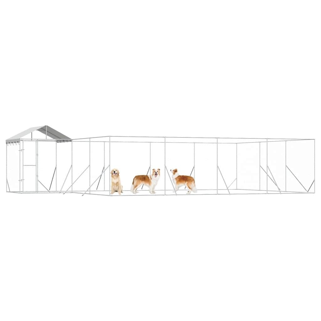 Perrera para perros con techo plateado de acero galvanizado 10 x 6 x 2,5 m, resistente a la intemperie con puerta con cierre, ideal para jardín, terraza, camping y salida segura