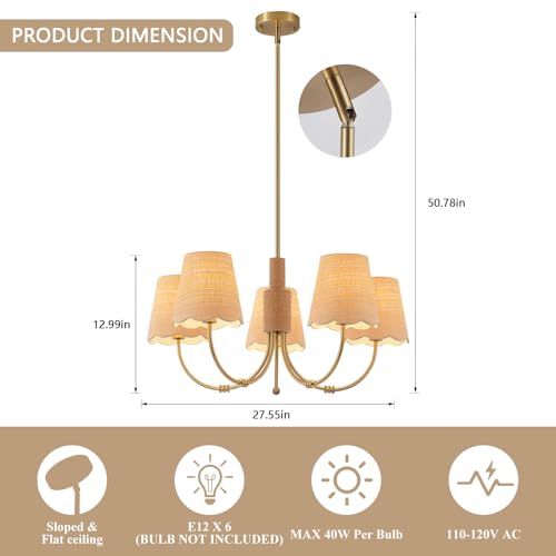 SUETONG Boho Rattan Chandelier, Antique Brass Farmhouse Chandeliers, 5-Lights Coastal Pendant Light Fixtures for Dining Room Kitchen Island Living Room - Image 3